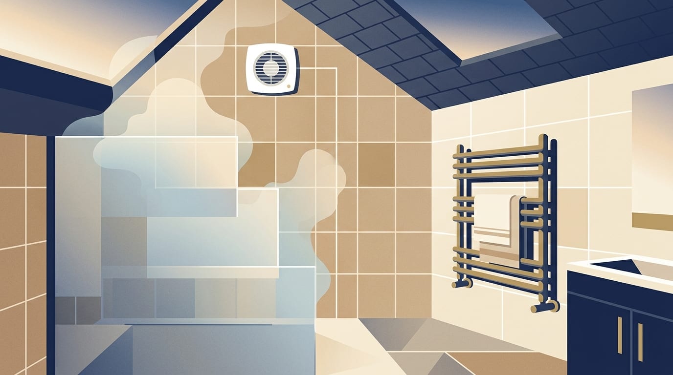 Illustration of an extractor fan on a bathroom wall above a shower