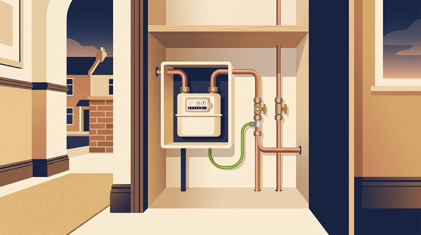 Illustration of a bonding cable clamped to a pipe beside a gas meter