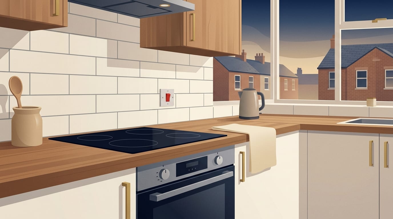 Illustration of an induction hob and oven with a cooker switch
