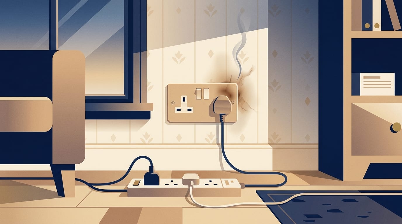 Illustration of a scorched wall socket with an extension lead below