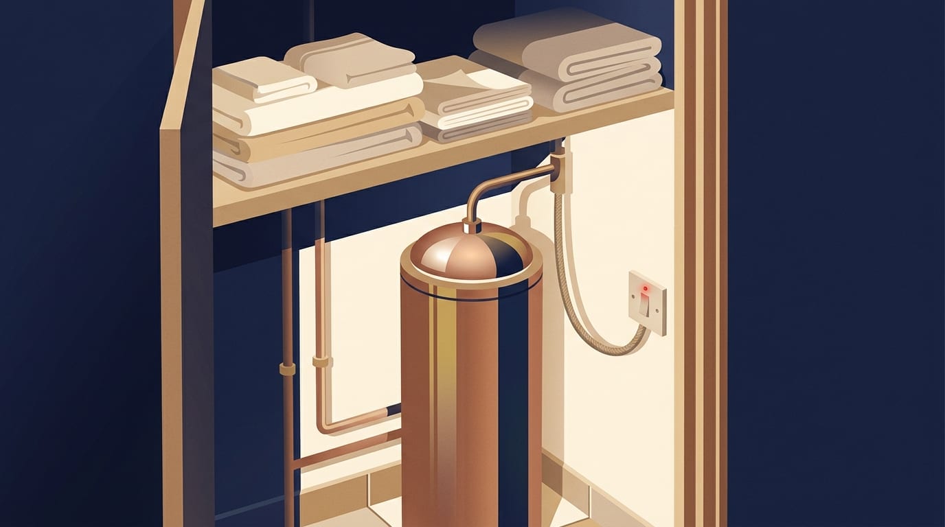 Illustration of a hot water cylinder with an immersion heater switch