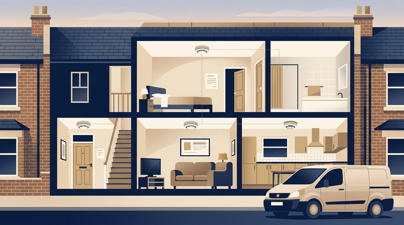 Illustration of a two storey house with linked smoke alarms on each floor