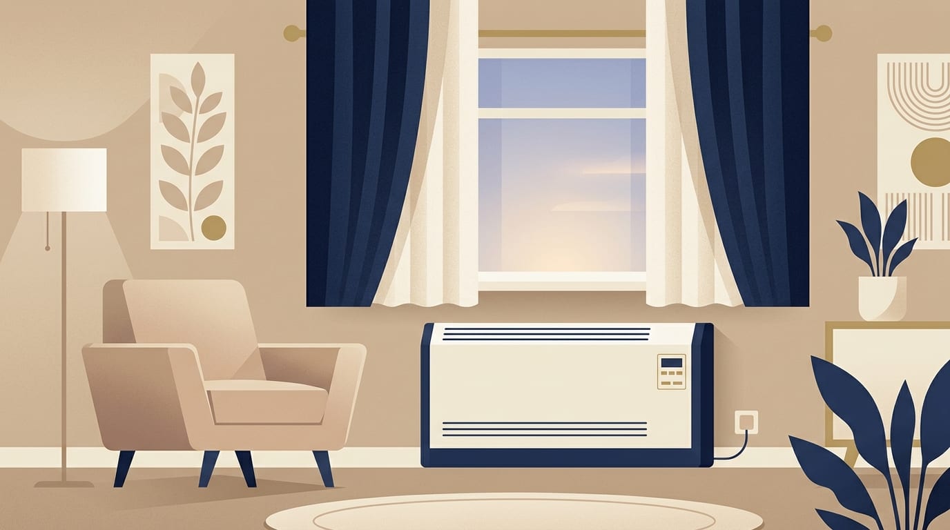 Illustration of a modern storage heater under a living room window